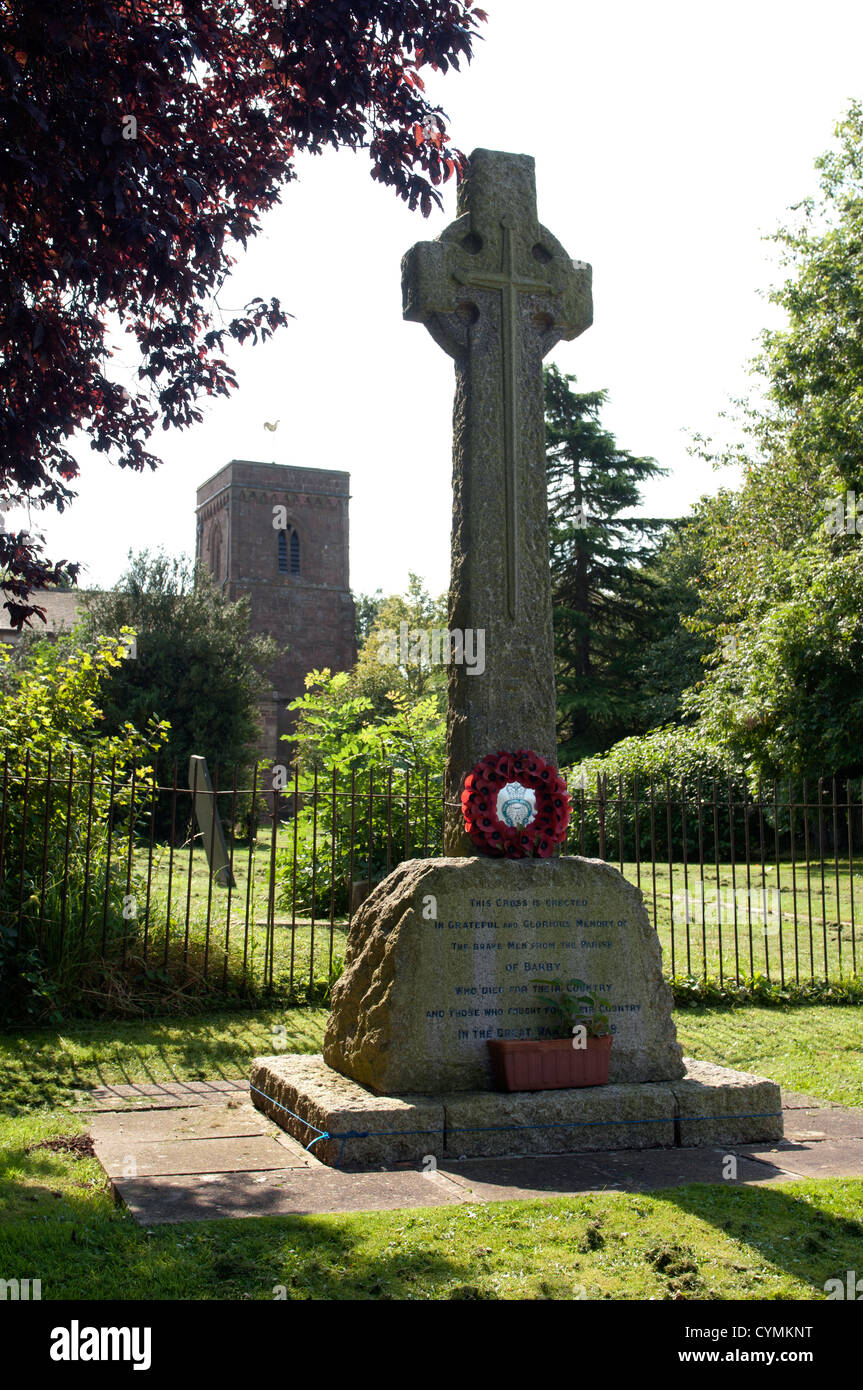 War Memorial and St. Mary`s Church, Barby, Northamptonshire, England